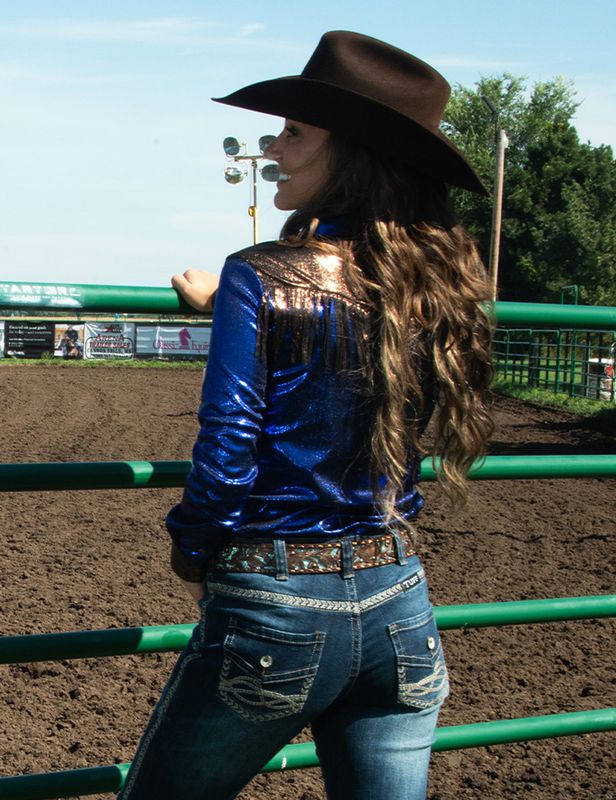 Cowgirl Tuff Pullover Button Up Blue And Copper Lightweight Metallic Jersey With Western Detailing