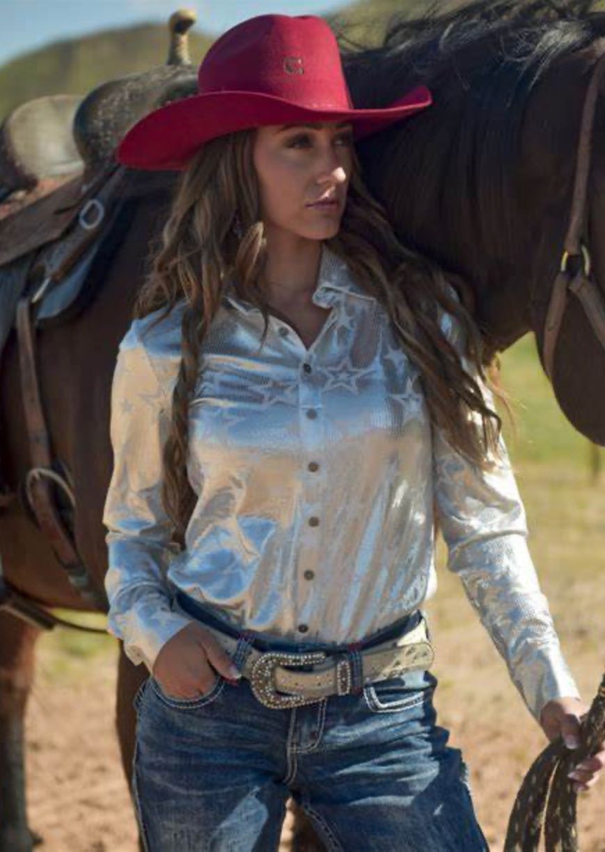 Cowgirl Tuff Pullover White with Silver Foil Stars, Womens Shirts: XS