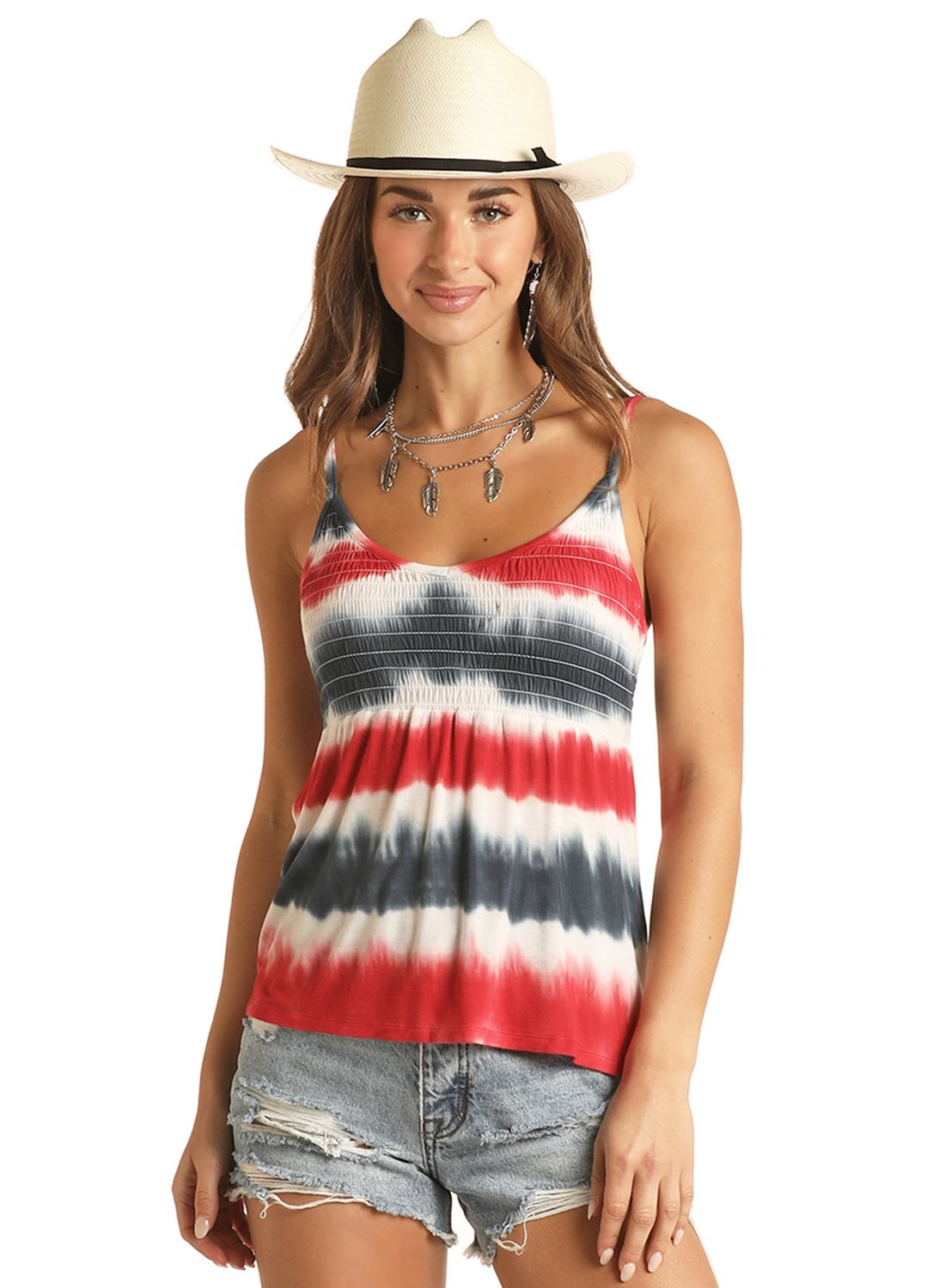 Rock & Roll Denim Tie Dye Tank With Smocking RRWT20RZNQ, Womens Shirts: XS