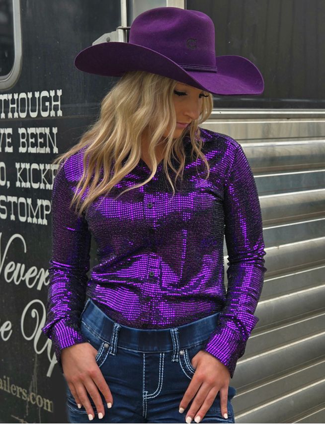 Cowgirl Tuff Pullover Button Up Black With Purple Metallic Foil Lightweight Stretch 100992, Womens Shirts: S