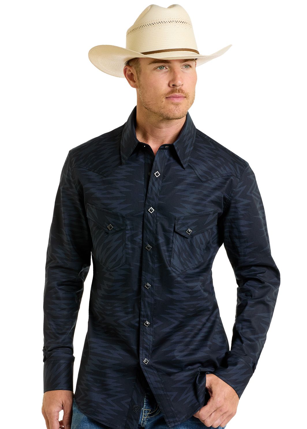 Rock & Roll Black Aztec Print Short Sleeve Snap BMN3S06476, XS-5X: S