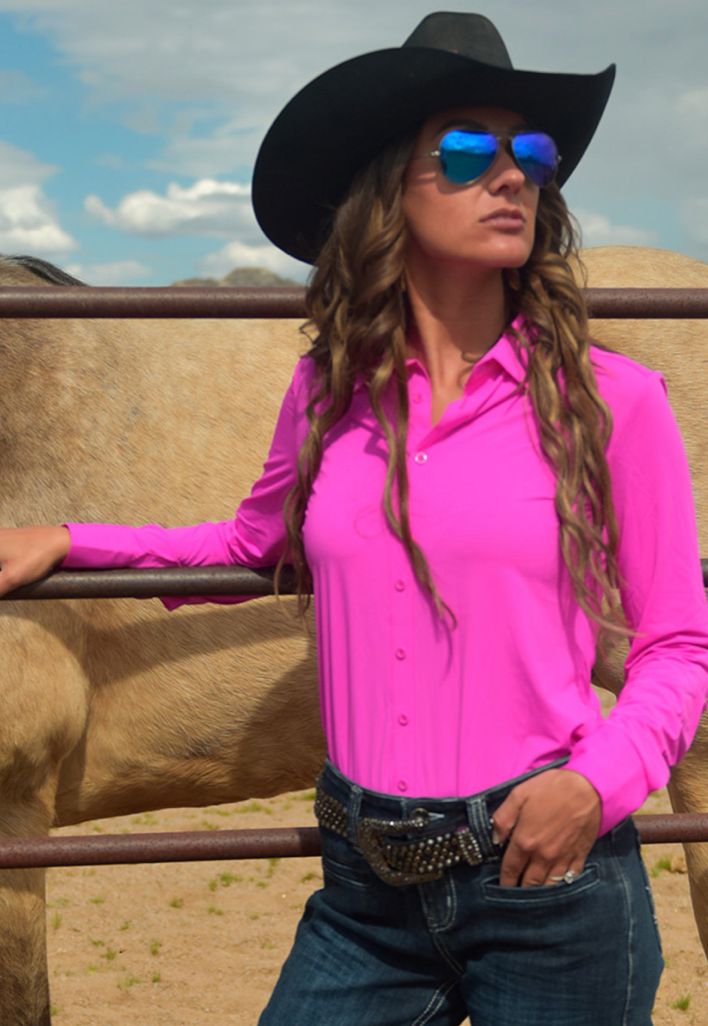 Cowgirl Tuff Pullover Button Up Hot Pink Breathe Lightweight Stretch Jersey, Womens Shirts: XS