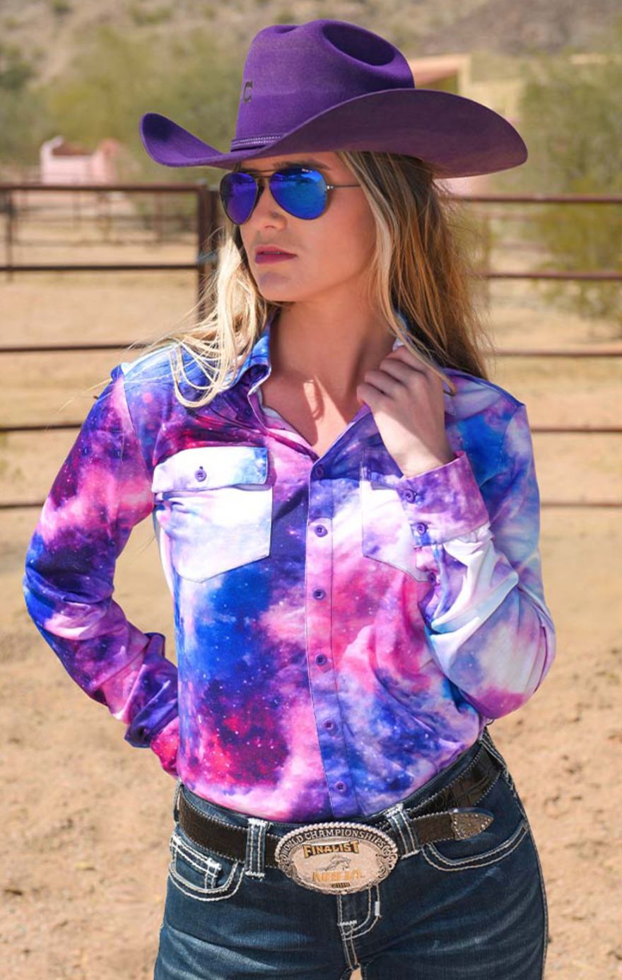 Cowgirl Tuff Pullover Button Up Lightweight Stretch Jersey Galaxy, Womens Shirts: XS