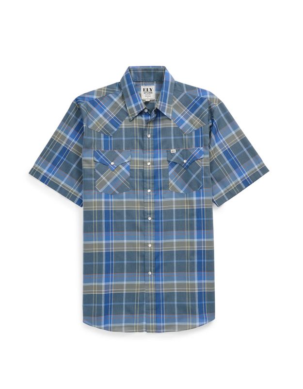 Ely Cattleman Short Sleeve Navy Plaid Western Snap Shirt