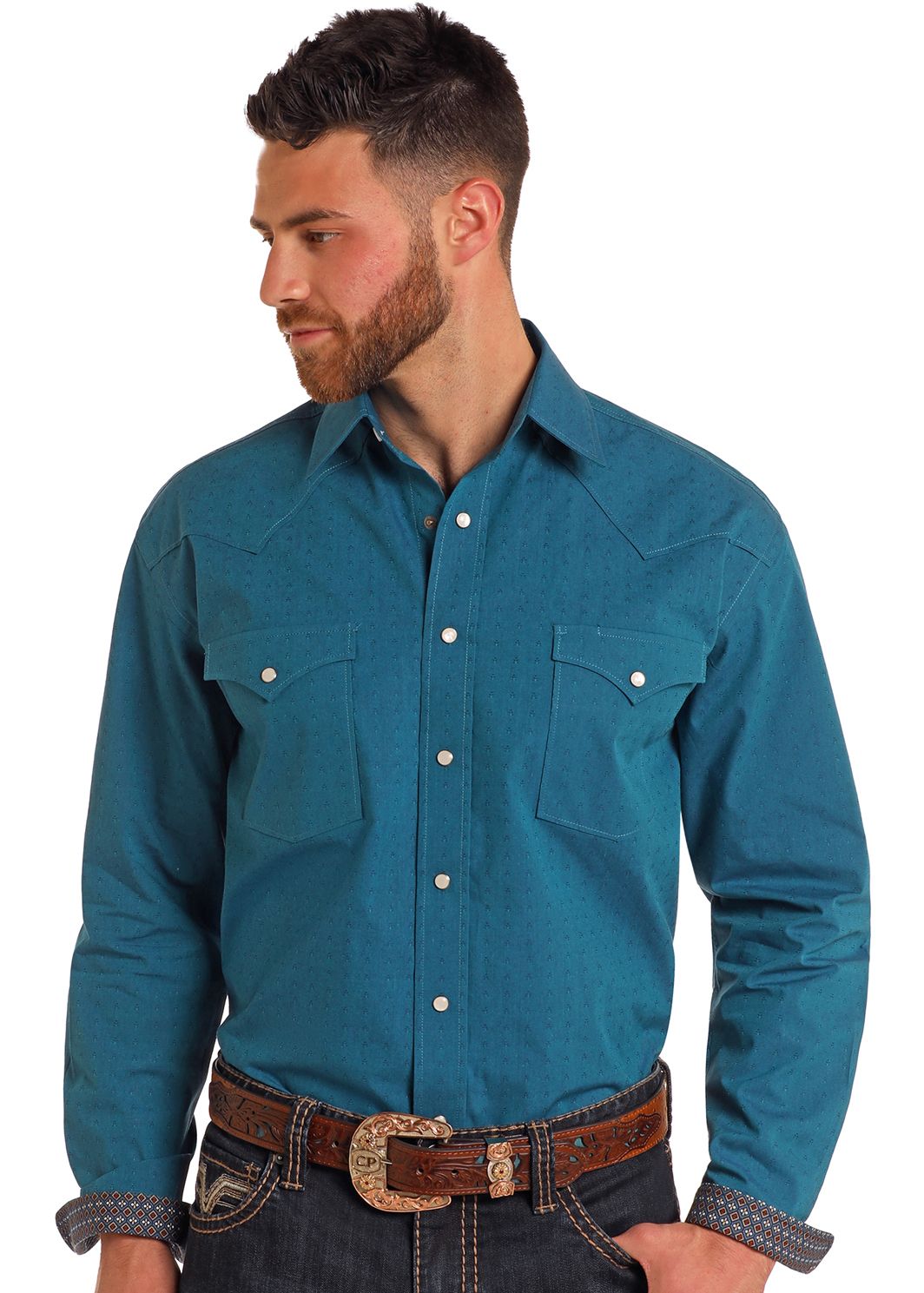 Rock & Roll Mens Long Sleeve Snap Teal RMN2S05107, XS-5X: S