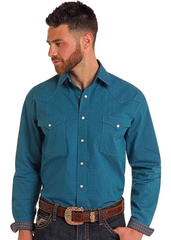 Rock & Roll Mens Long Sleeve Snap Teal RMN2S05107