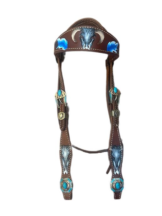 Wyoming Saddle Company Custom Carved and Painted Steer Skull Headstall