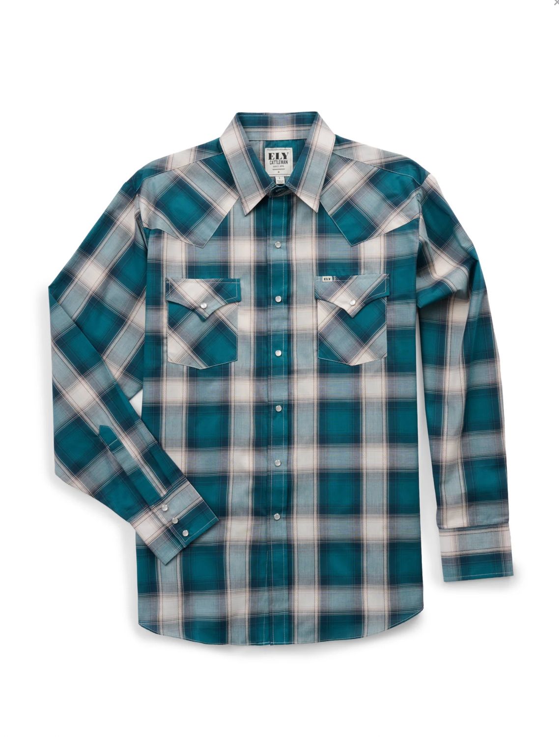 Ely Cattleman Long Sleeve Textured Plaid Western Snap Shirt- Teal Ely Cattleman Long Sleeve Textured Plaid Western Snap Shirt- Teal, XS-5X: Medium