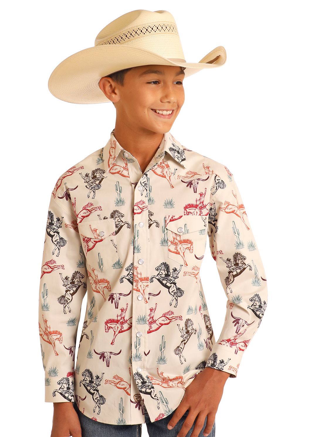 Rock & Roll Boys Horse Print Long Sleeve Snap Shirt BBN2S05848, Kids Shirts: X Small