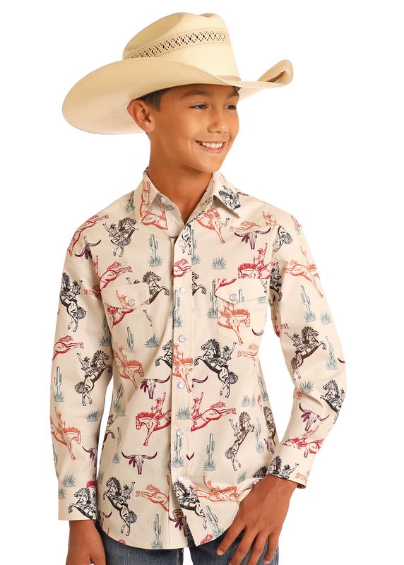 Rock & Roll Boys Horse Print Long Sleeve Snap Shirt BBN2S05848