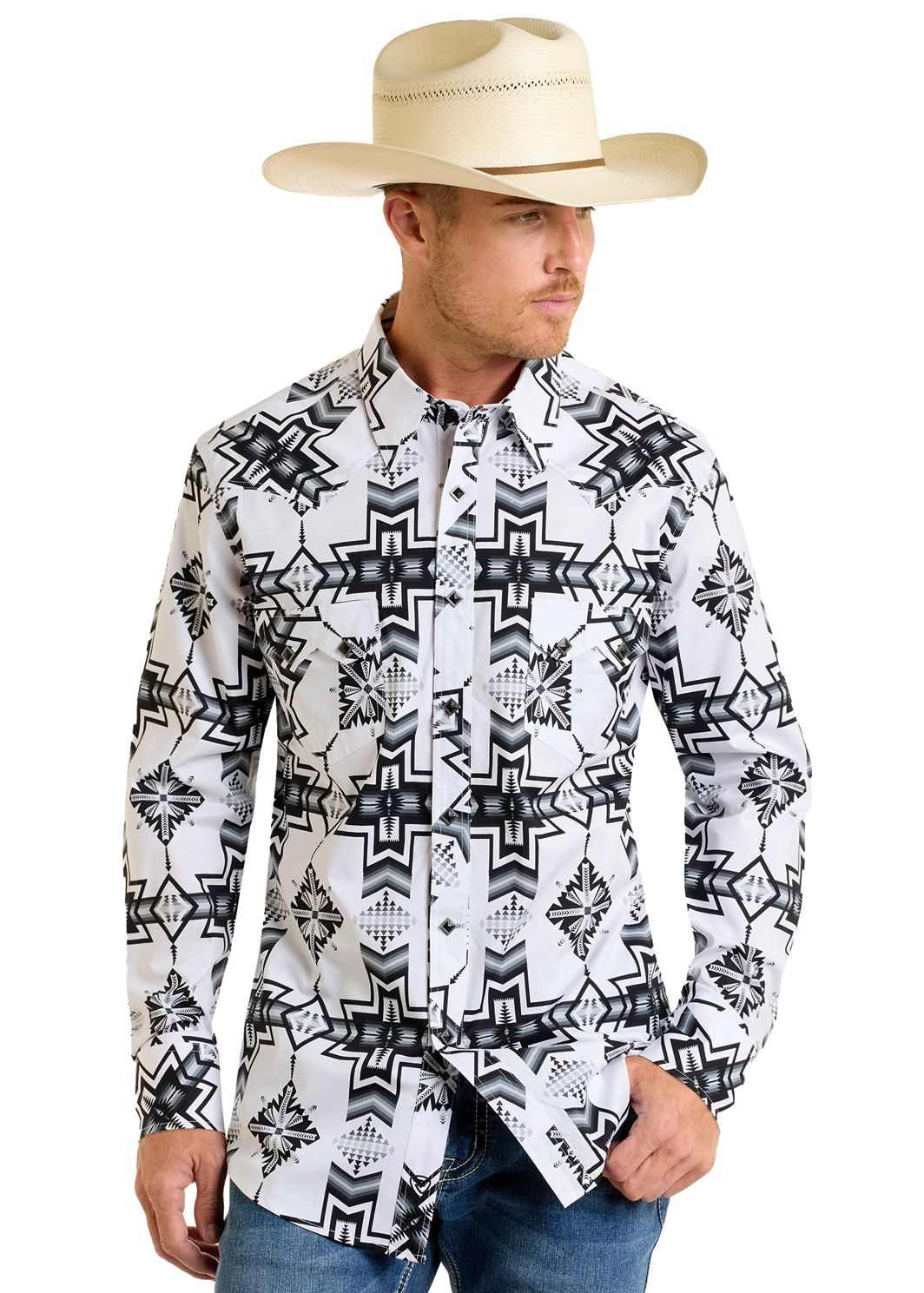 Rock & Roll Aztec Print Long Sleeve Snap BMN2S06477, XS-5X: S