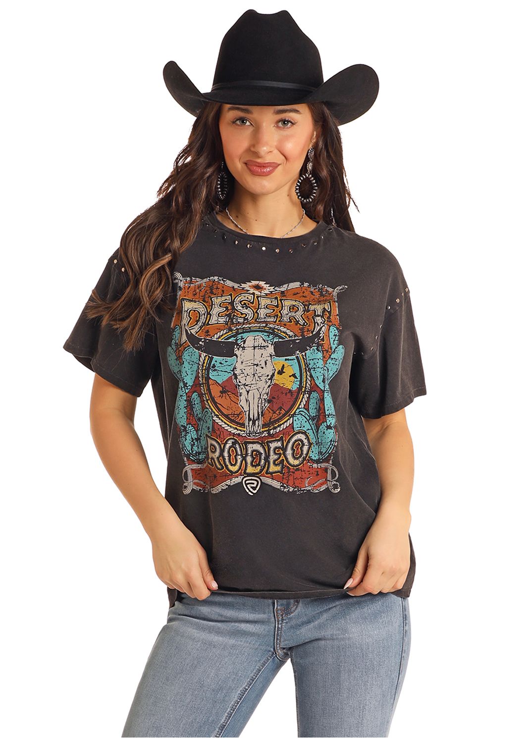 Rock & Roll Oversized Tee W/Studs BW21T05421, Womens Shirts: XS