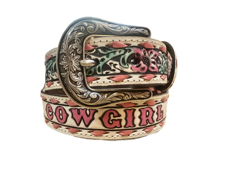 Angel Ranch Girls Belt 1 1/4" Lil Cowgirl Floral Embossed Pink