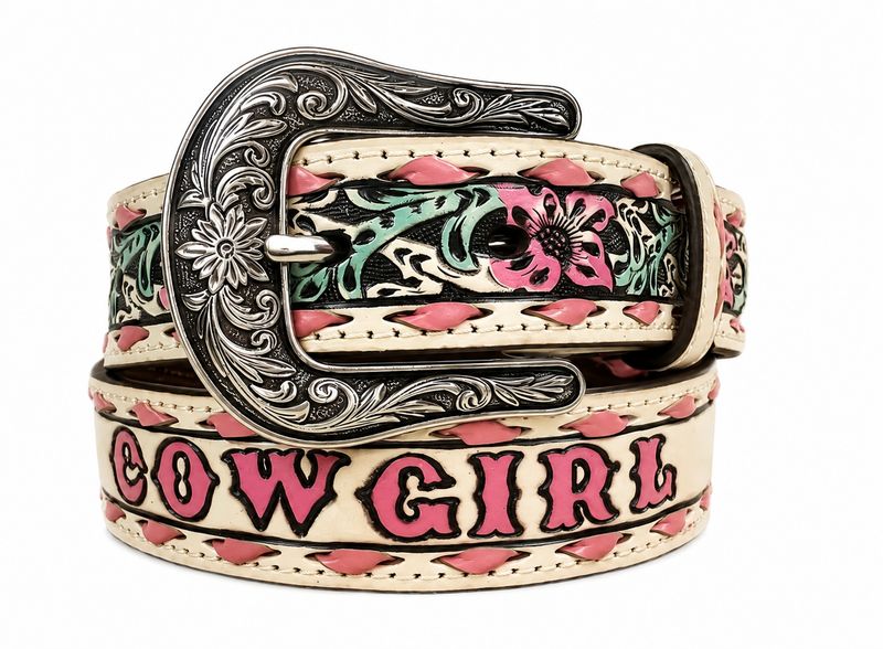 Angel Ranch Girls Belt 1 1/4" Lil Cowgirl Floral Embossed Pink