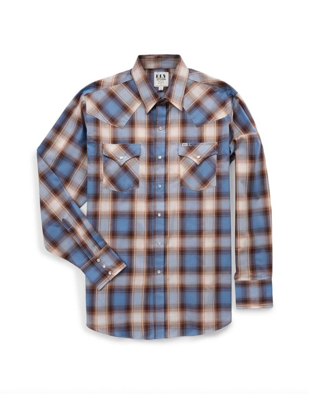 Ely Cattleman Long Sleeve Textured Plaid Western Snap Shirt- Denim Blue