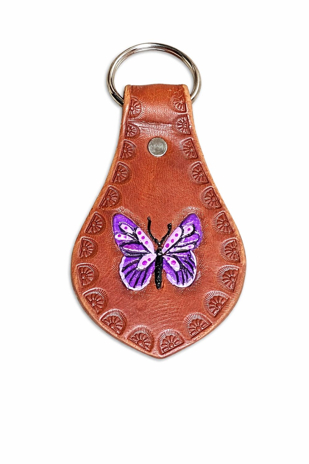 Wyoming Saddle Company Leather Key Chain With Tooled and Painted Purple Butterfly