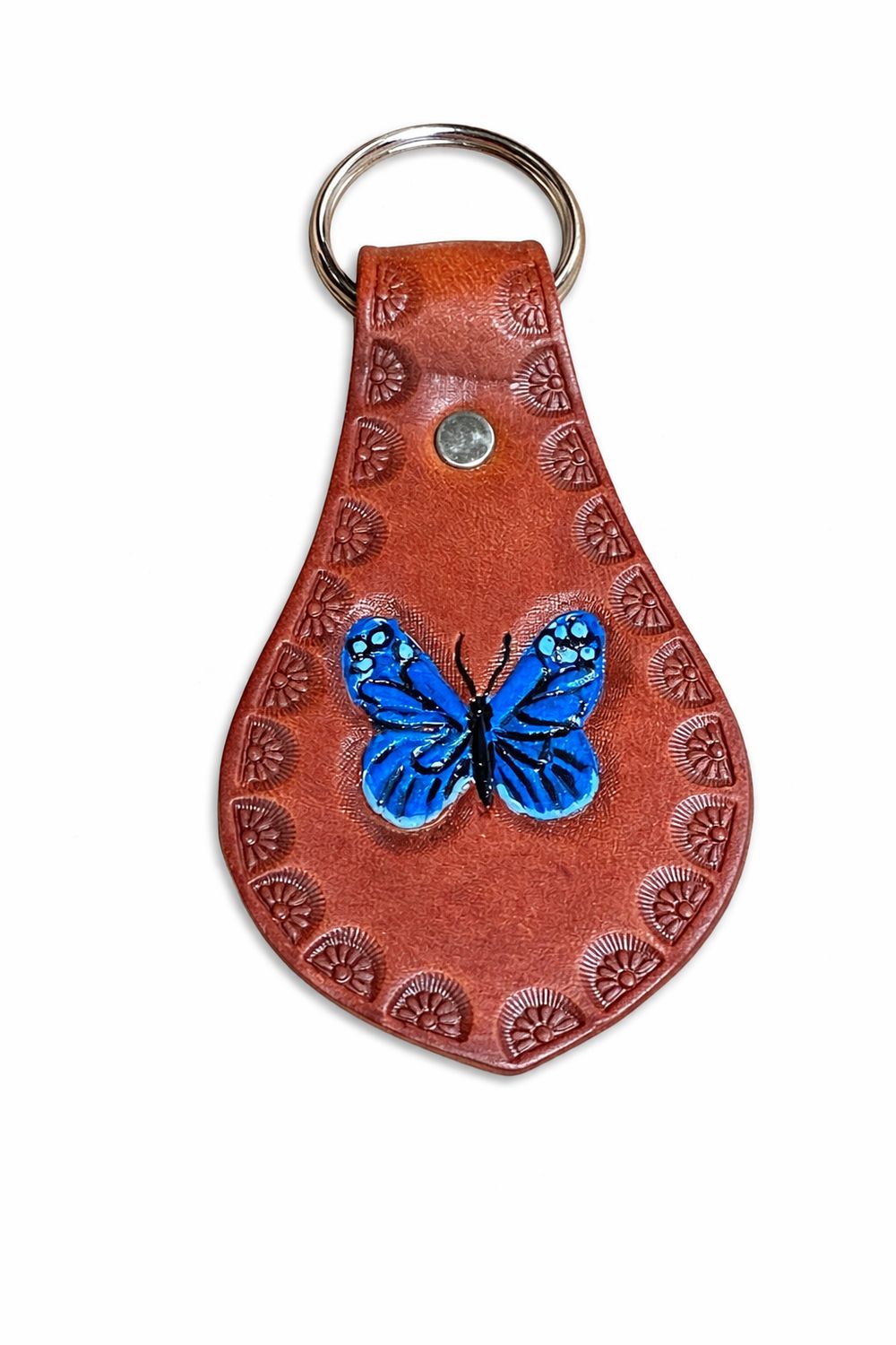 Wyoming Saddle Company Leather Key Chain With Tooled/Painted Blue Butterfly