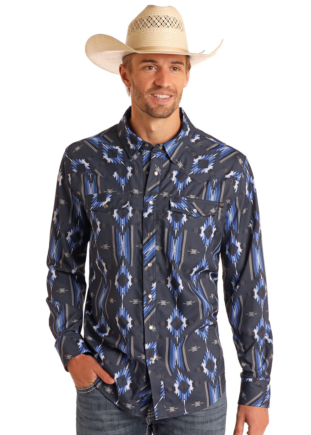 Rock & Roll Tek Shirt Aztec Print Long Sleeve Snap BMN2S05949, XS-5X: S