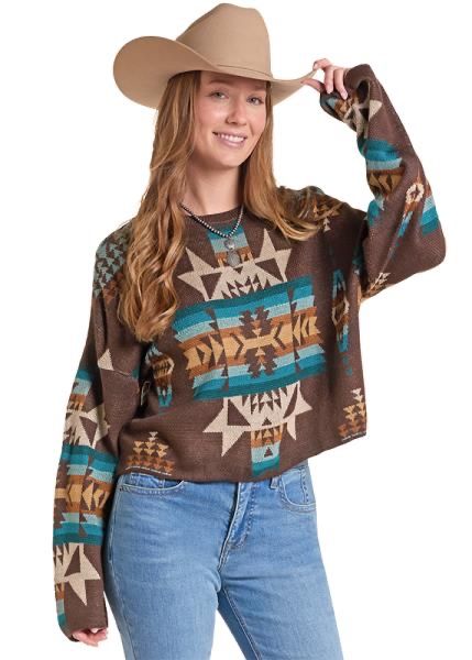 Rock & Roll Aztec Print Sweater BW32T09366, XS-5X: XS