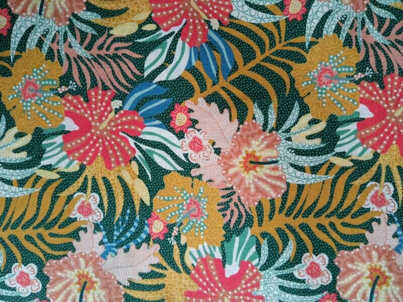 Tela flores tropical kaki