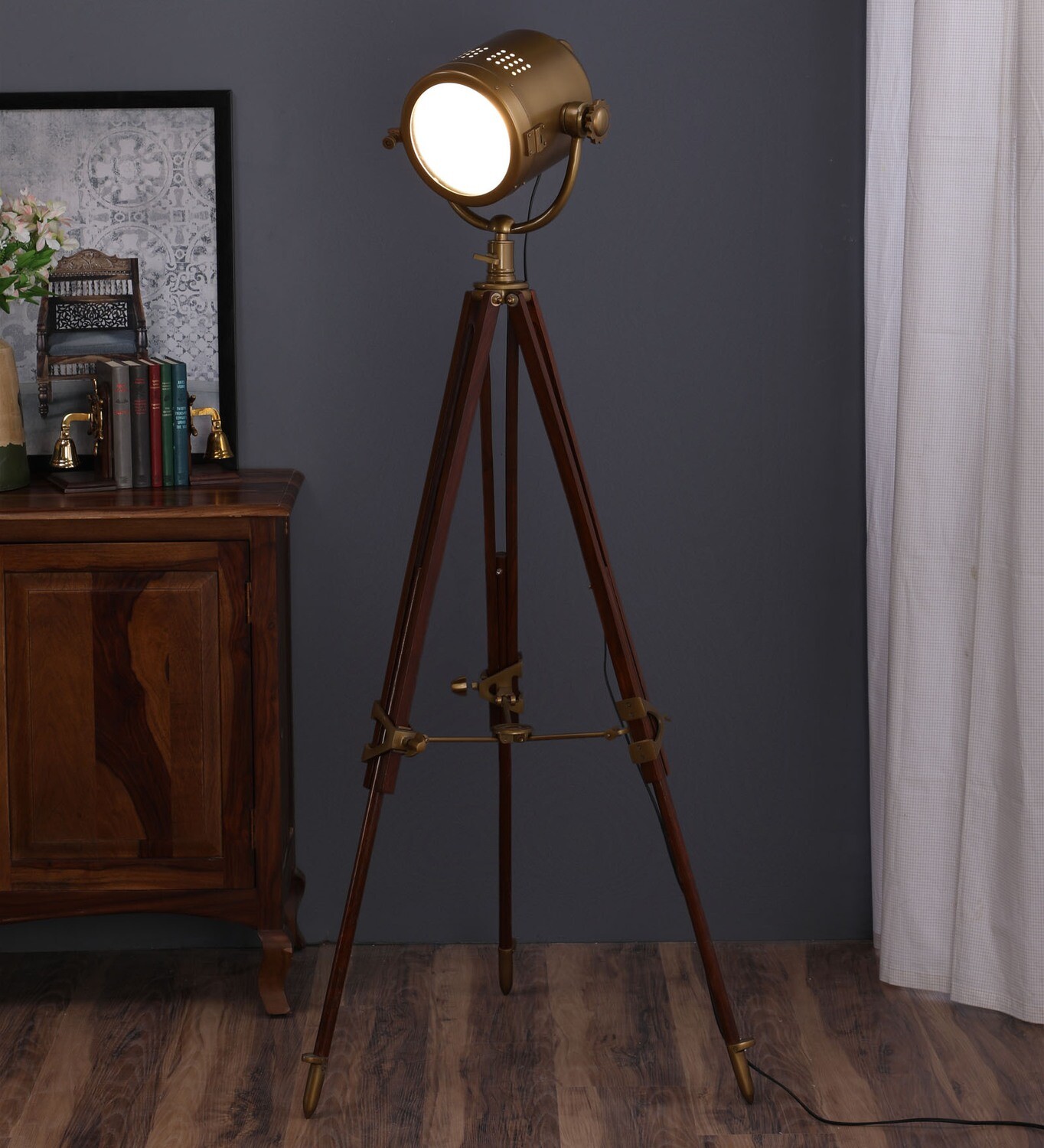 Endeavour Tripod Floor Lamp (Natural Base Finish, Cylindrical Shade Shape, Brass Shade Color), by Blissful Home Co.