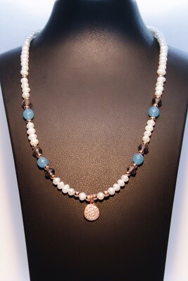 Collana con perle, pietre dure e pavè argento rosè con zirconi