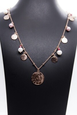 Collana lunga in argento rosè con tormaline, perle e monete
