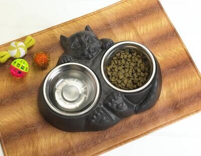 Cast Iron and Stainless Steel Cat Bowl Set