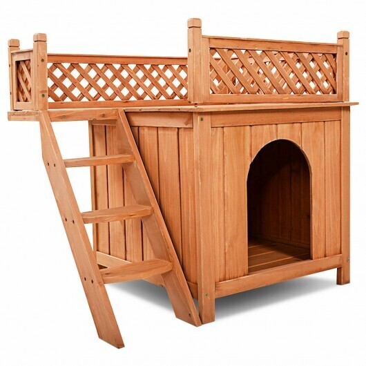 Small Dog & Puppy Dog House with Roof Balcony and Bed Shelter
