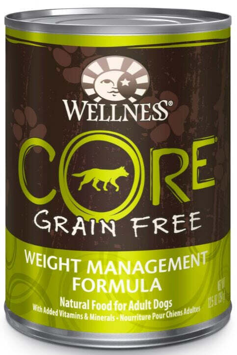 Wellness CORE Grain Free Natural Weight Management Chicken Pork Liver, Whitefish and Turkey Recipe Wet Canned Dog Food 12.5-oz, case of 12