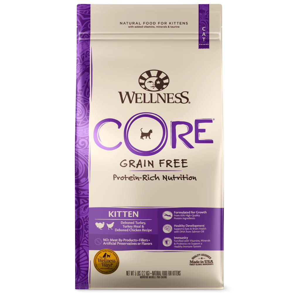 Wellness CORE Grain Free Natural Kitten Health Turkey, Turkey Meal and Chicken Recipe Dry Cat Food 5-lb