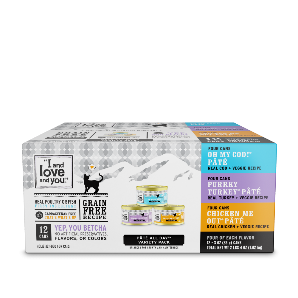 I and Love and You Grain Free Oh My Cod!, Purrkey Turkey, Chicken Me Out Multi-Pack Canned Cat Food 3-oz, case of 12