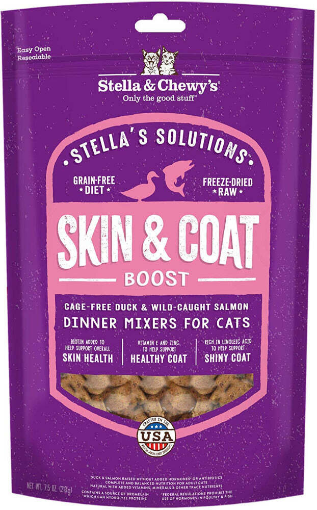 Stella & Chewy's Solutions Skin & Coat Boost Cage Free Duck & Wild Caught Salmon Cat Food Dinner Mixers 7.5-oz