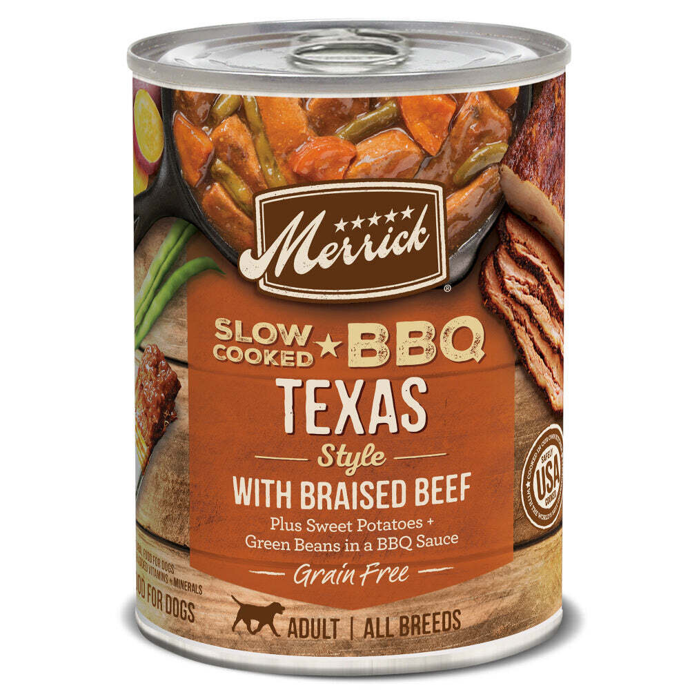Merrick Grain Free Slow Cooked BBQ Texas Style Beef Recipe Canned Dog Food 12.7-oz, case of 12