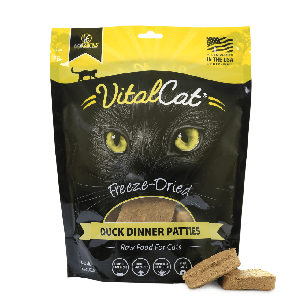 Vital Essentials Grain Free Duck Mini Patties Freeze Dried Raw Food for Cats 8-oz