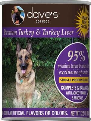 Dave's Premium Turkey & Turkey Liver 95% Meat Canned Dog Food 13-oz, case of 12