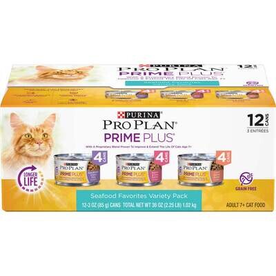 Purina Pro Plan Grain-Free Senior Pate Prime Plus Seafood Favorites Wet Cat Food Variety Pack 3-oz, case of 12