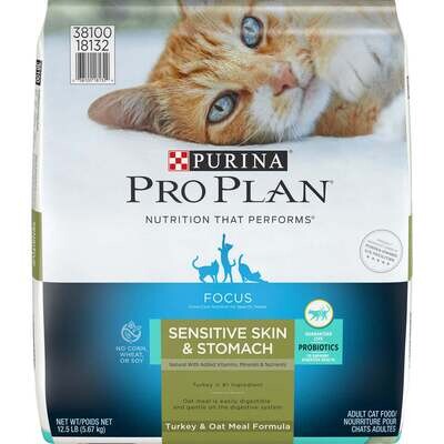 Purina Pro Plan Focus Probiotics Sensitive Skin & Stomach Turkey & Oat Meal Natural Dry Cat Food 12.5-lb
