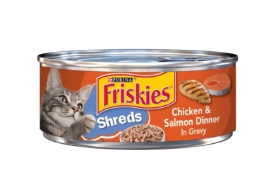 Friskies Savory Shreds Chicken And Salmon Dinner In Gravy Canned Cat Food 5.5-oz, case of 24