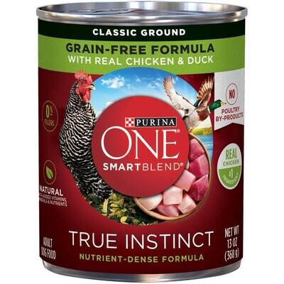 Purina ONE SmartBlend True Instinct with Grain Free Chicken and Duck Classic Ground Canned Dog Food 13-oz, case of 12