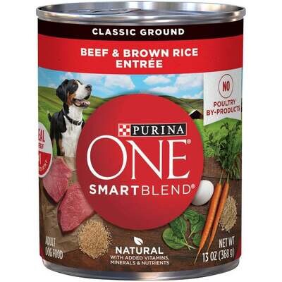 Purina One Wholesome Beef & Brown Rice Entree Canned Dog Food 13-oz, case of 12