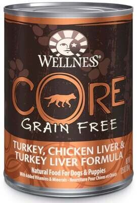 Wellness CORE Grain Free Natural Turkey, Chicken and Turkey Liver Recipe Wet Canned Dog Food 12.5-oz, case of 12
