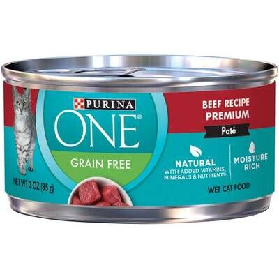 Purina ONE Grain Free Premium Pate Beef Canned Cat Food 3-oz, case of 24