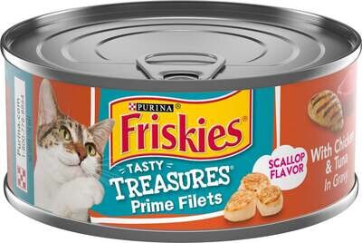 Friskies Tasty Treasures Gravy Chicken, Tuna & Scallop Wet Cat Food 5.5-oz, case of 24