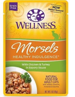 Wellness Healthy Indulgence Natural Grain Free Morsels with Chicken and Turkey in Savory Sauce Cat Food Pouch 3-oz, case of 24