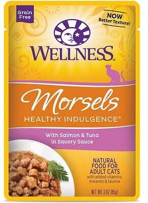 Wellness Healthy Indulgence Natural Grain Free Morsels with Salmon and Tuna in Savory Sauce Cat Food Pouch 3-oz, case of 24