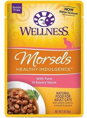 Wellness Healthy Indulgence Natural Grain Free Morsels with Tuna in Savory Sauce Cat Food Pouch 3-oz, case of 24