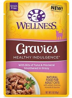 Wellness Healthy Indulgence Natural Grain Free Gravies with Tuna and Mackerel in Gravy Cat Food Pouch 3-oz, case of 24
