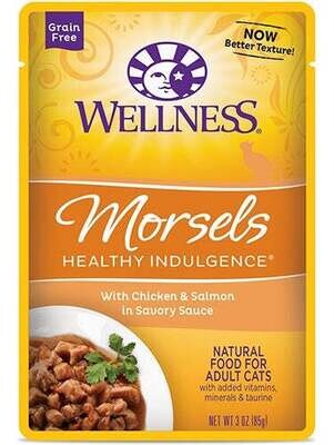 Wellness Healthy Indulgence Natural Grain Free Morsels with Chicken and Salmon in Savory Sauce Cat Food Pouch 3-oz, case of 24