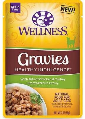 Wellness Healthy Indulgence Natural Grain Free Gravies with Chicken and Turkey in Gravy Cat Food Pouch 3-oz, case of 24